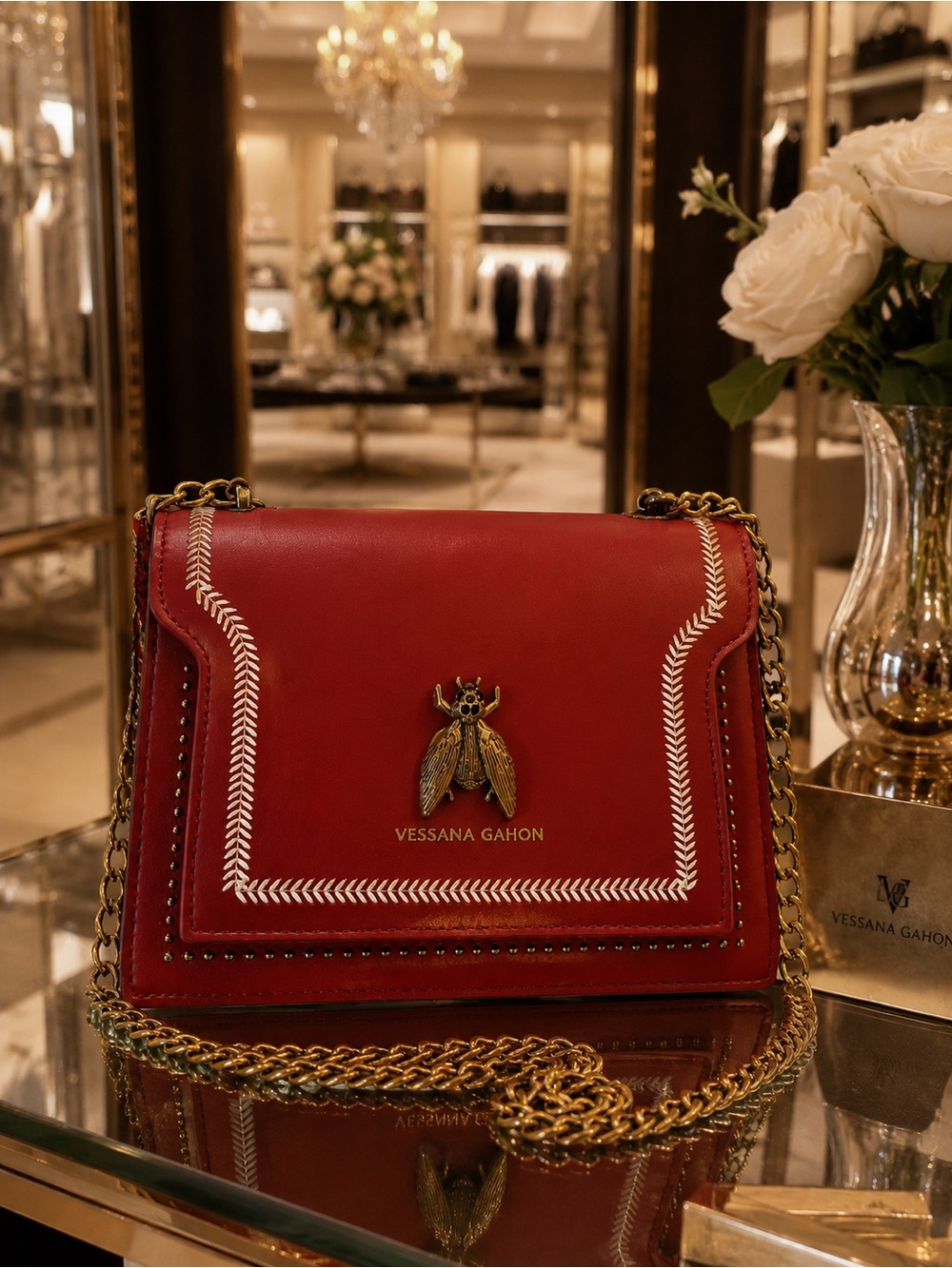 Red Leather Crossbody | Shoulder Bag with Bumblebee Embellishment
